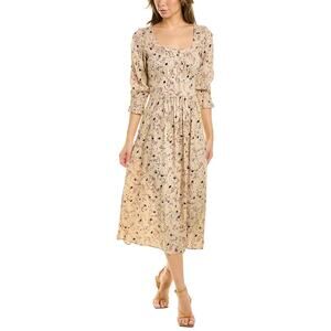 ba&sh Maya Beige Floral Print Square Neck 3/4 Sleeve Button Midi A-Line Dress S